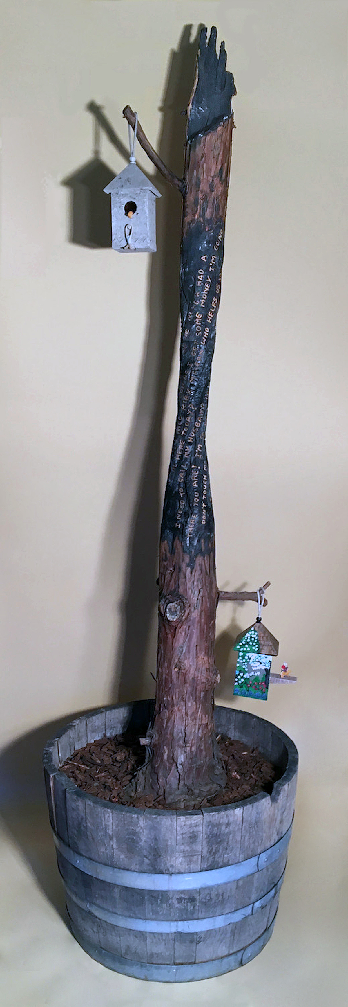 Phoenix, Dia, wood, steel, wood ash, polymer clay, acrylic paint, bar. 2016  Kirk McLean