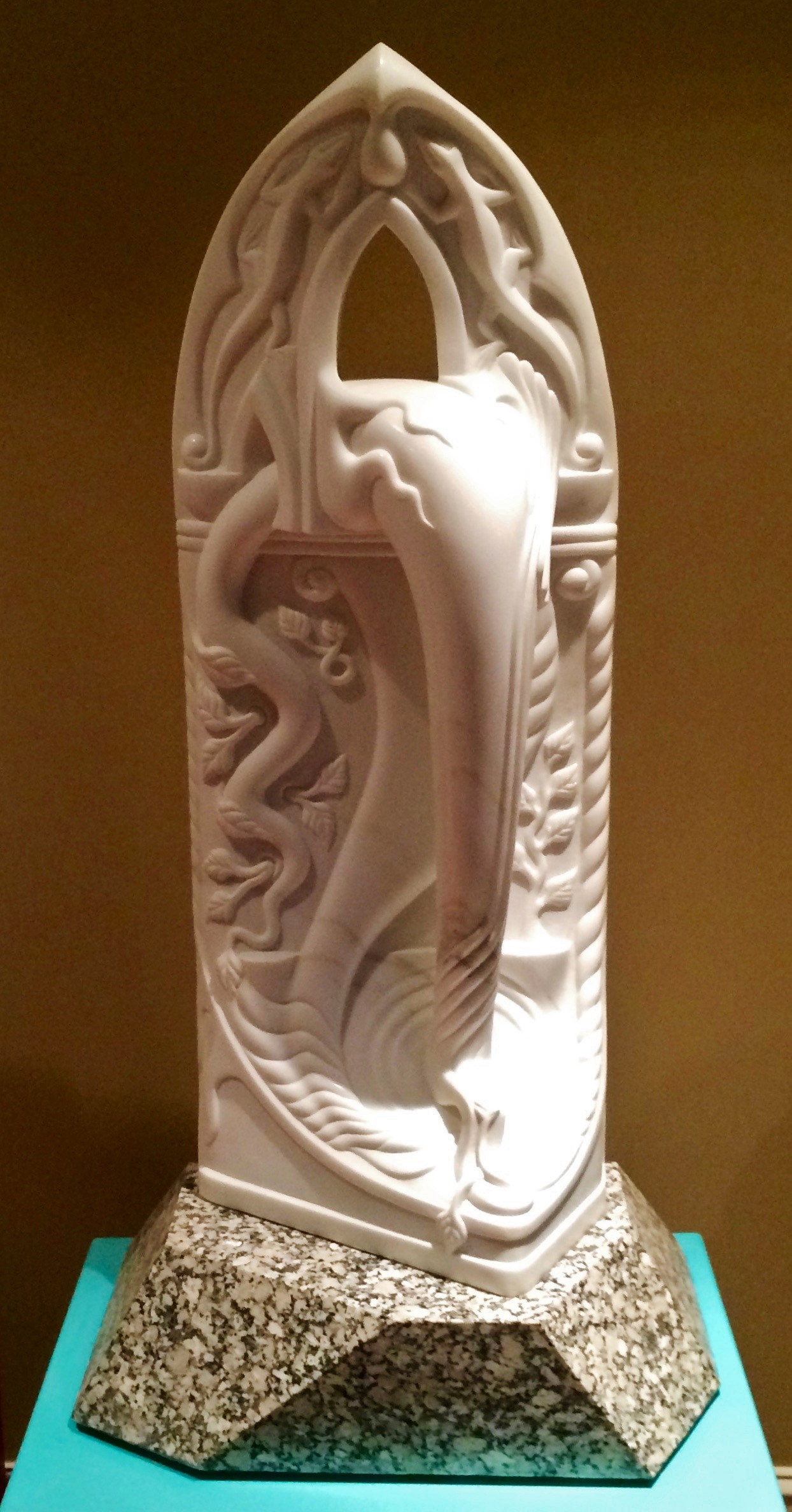 “Waterfall”, Colorado Marble with Minnesota granite base, 52” tall.